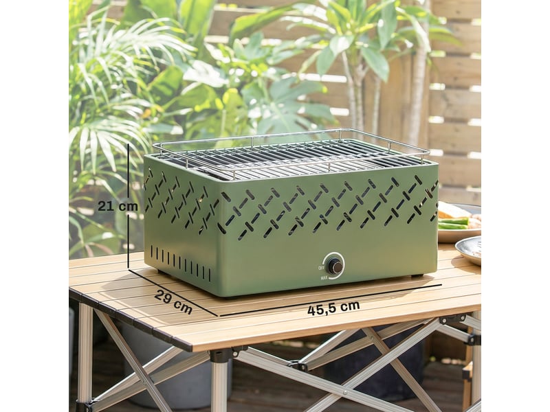  Barbecue au charbon 45,5x29x21 cm avec ventilateur intégré, température réglable et bac à charbon, vert clair  - Conforama E