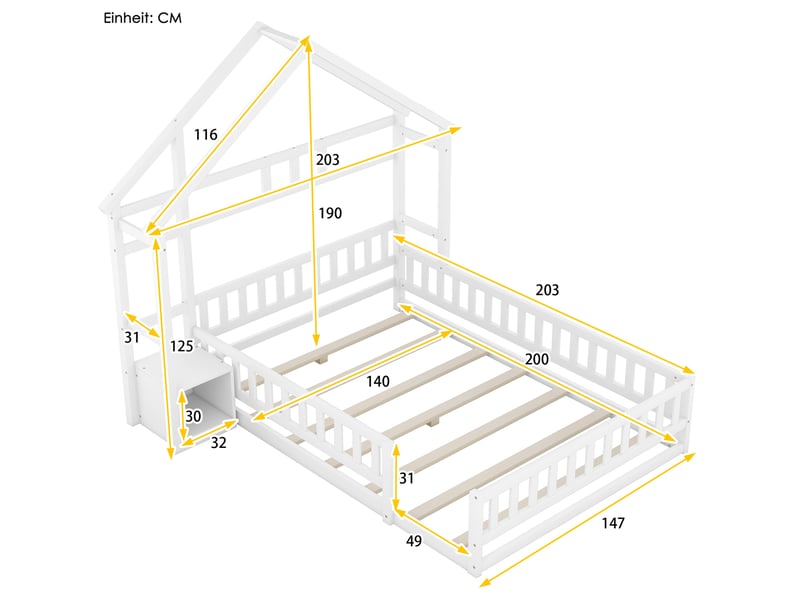  Lit enfant cabane 140x200 cm avec barrières et chevet, blanc  - Conforama C
