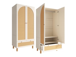 Garde-robe 2 portes en rotin blanc, grand tiroir, étagères réglables, tringle, anti-basculement – 180×85×52 cm