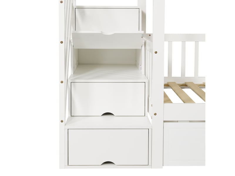  Lit superposé enfant 2 couchages 90 x 200 cm blanc naturel, en pin et mdf, escalier avec rangements  - Conforama E