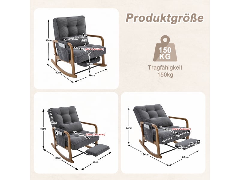  Fauteuil à bascule de salon 70x80x92cm – rocking chair avec repose-pieds rétractable, dossier inclinable et oreiller lombaire – velours côtelé - gris  - Conforama C