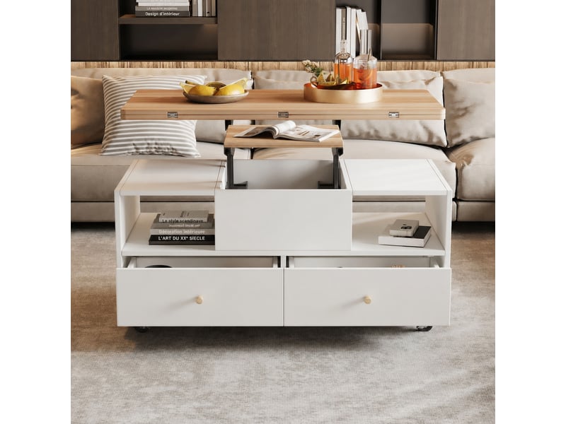 Table basse relevable hydraulique, extensible, 4 tiroirs, roulettes, 100 x 50, blanc et effet noyer - Conforama C
