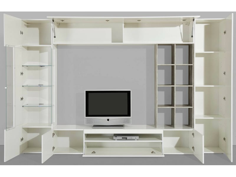 Système mural de salon, made in italy, base de meuble tv et éléments hauts et étagères, ensemble de salon moderne, 290x40h192 cm, blanc brillant et couleur ciment 638 - Conforama D