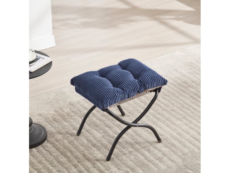 Fauteuil relax avec repose-pieds, accoudoirs et poche latérale, dossier ergonomique en acier et tissu bleu marine - Conforama D