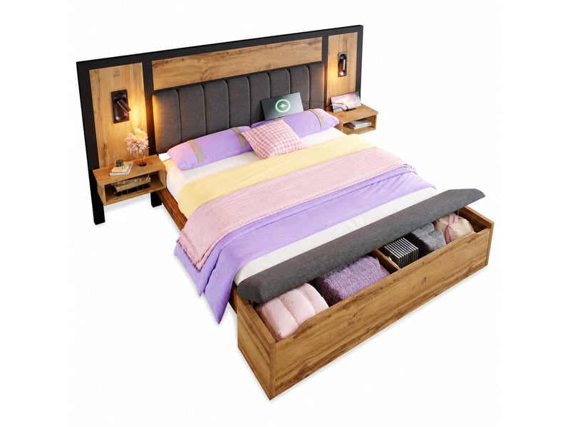  Lit double 180 x 200 cm chêne avec chevets, lampes de lecture et banc de rangement  - Conforama A