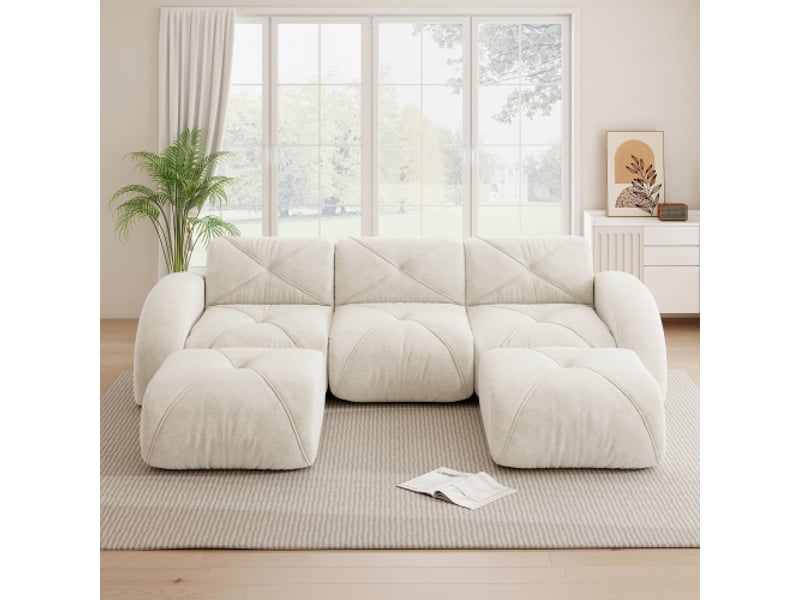 Canapé modulable en u sans armature, 3 places + 2 tabourets, tissu antidérapant blanc, sans montage - Conforama W