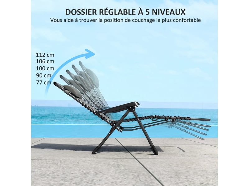  Lot de 2 bain de soleil, chaise longue pliante inclinable avec appuie-tête en textilène, 90 x 65 x 112 cm, gris  - Conforama E