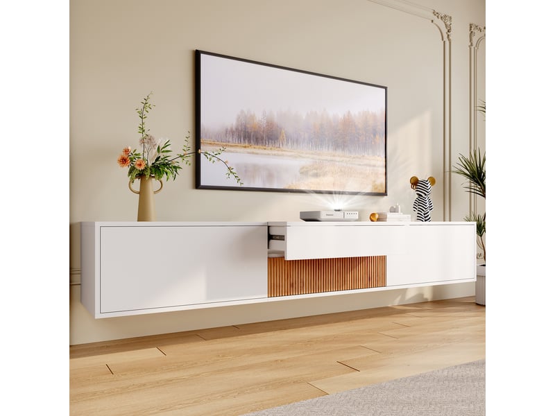  Meuble tv 180 cm blanc et bois avec support vidéoprojecteur intégré, installation murale ou sur pied  - Conforama C