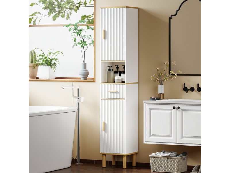 Meuble colonne salle de bain, meuble de rangement étroit avec 2 portes, tiroir, blanc, compartiment ouvert - Conforama D
