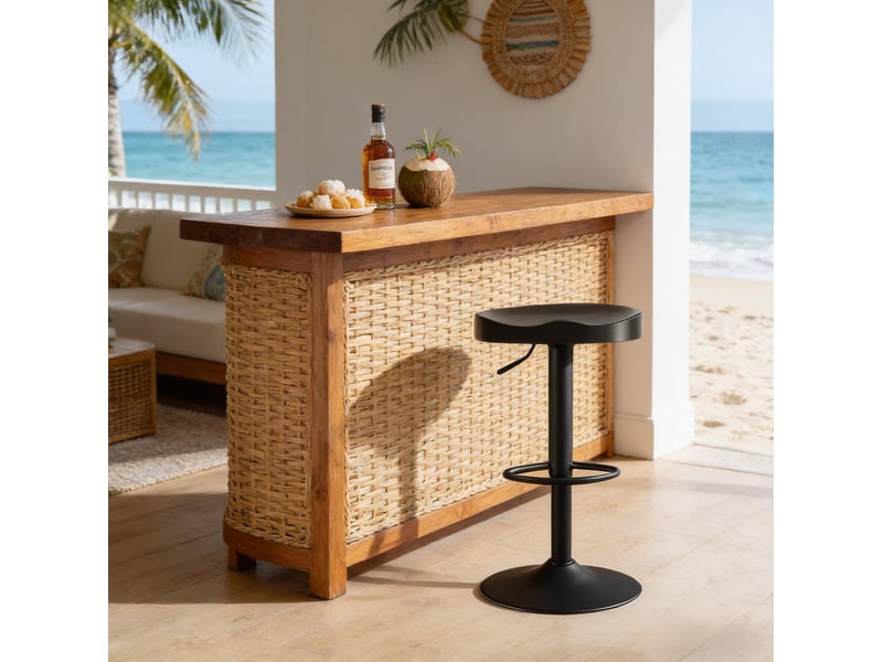 Tabouret de bar pivotant réglable en hauteur avec repose-pieds, assise ergonomique en bois et métal noir - Conforama B