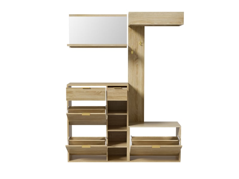  Meuble à chaussures, ensemble d’entrée 4 pièces avec armoire à chaussures, banc, miroir mural et panneau vestiaire, 130 x 30 x 174 cm, naturel  - Conforama E