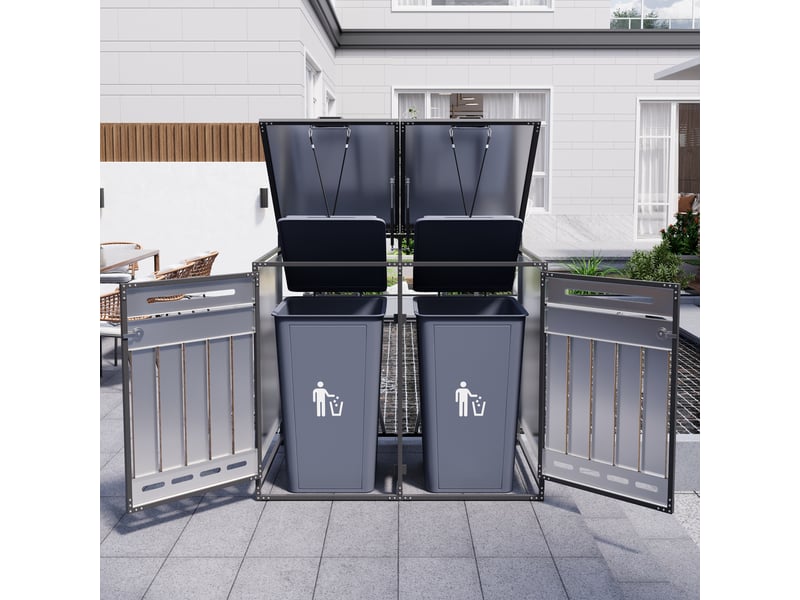  Coffre à poubelles extérieur deux compartiments - couvercle hydraulique, revêtement vertical imitation bois, ventilation perforée, armoire en fer verrouillable  - Conforama C