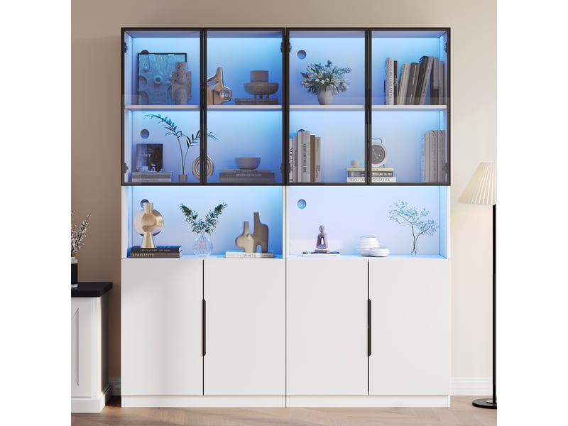 Vitrine moderne blanche avec portes vitrées et led, éclairage réglable, 30×160×200 cm - Conforama B
