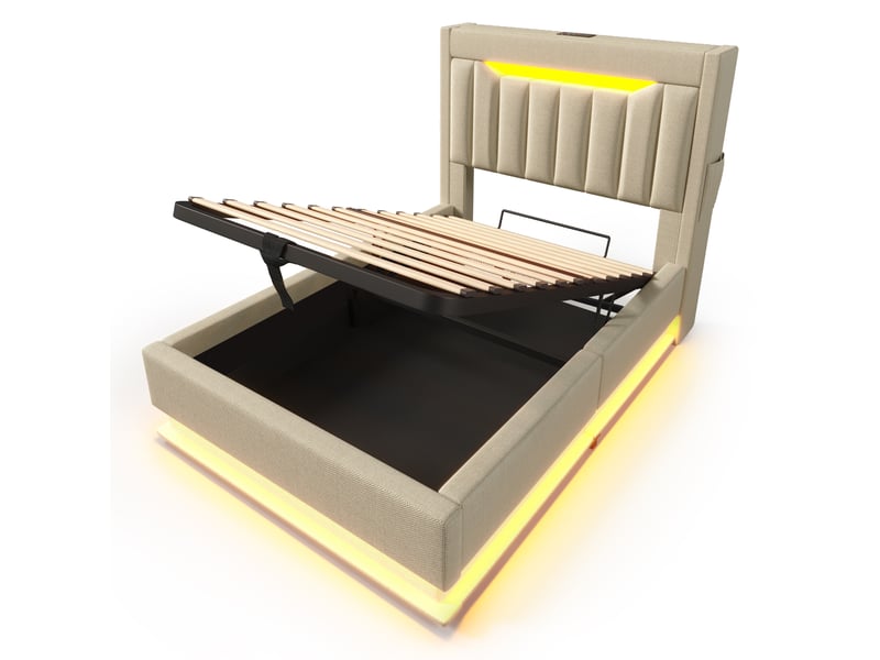  Lit coffre 90x200 cm, lit enfant avec tête de lit rangement, usb et type-c, led, en lin beige, matelas inclus  - Conforama E