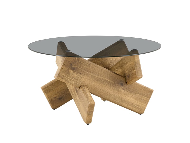  Table basse ronde avec plateau en verre trempé et piètement géométrique, style moderne, en mdf et verre, bois  - Conforama A