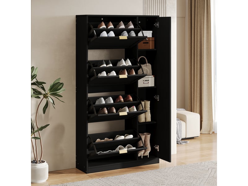  Meuble à chaussures 80x24x147 cm avec miroir, 4 abattants et étagères réglables, rangement gain de place - Noir Fay Lum - Conforama B