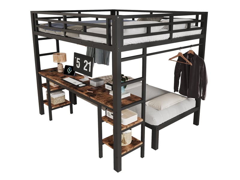  Lit superposé 3 places 140 × 200 cm et 90 × 200 cm avec bureau, penderie et usb, sans matelas, noir  - Conforama A