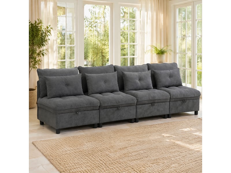  Canapé modulable convertible 4 places gris en tissu, rangement sous assise et 8 coussins pour le salon  - Conforama B