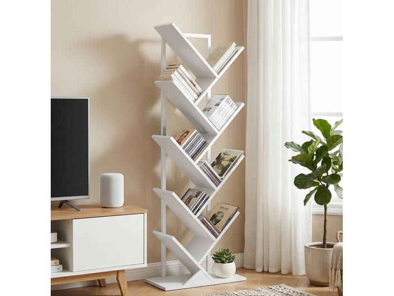  Bibliothèque arbre 50 x 24 x 136 cm blanche en bois et acier, style industriel, 9 niveaux pour livres et médias  - Conforama D