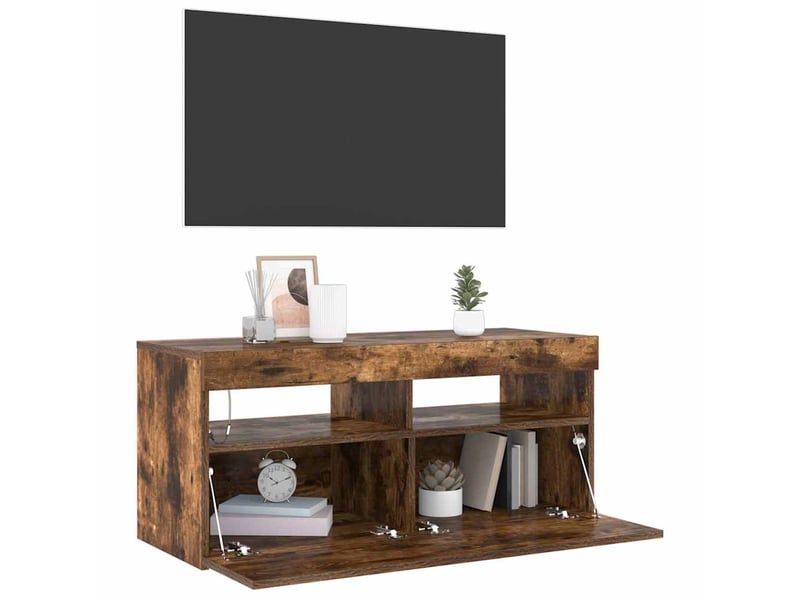 Meuble tv - banc tv - meuble de rangement avec lumières led chêne fumé 90x35x40 cm - Conforama D