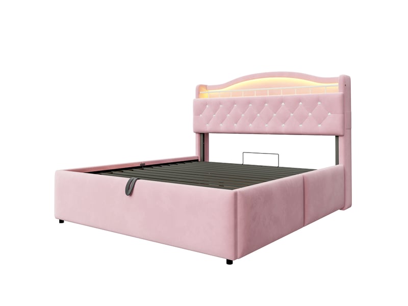  Lit capitonné 140*200 cm rose, coffre hydraulique, led, usb-c, tête avec rangements et cadre métal stable  - Conforama A