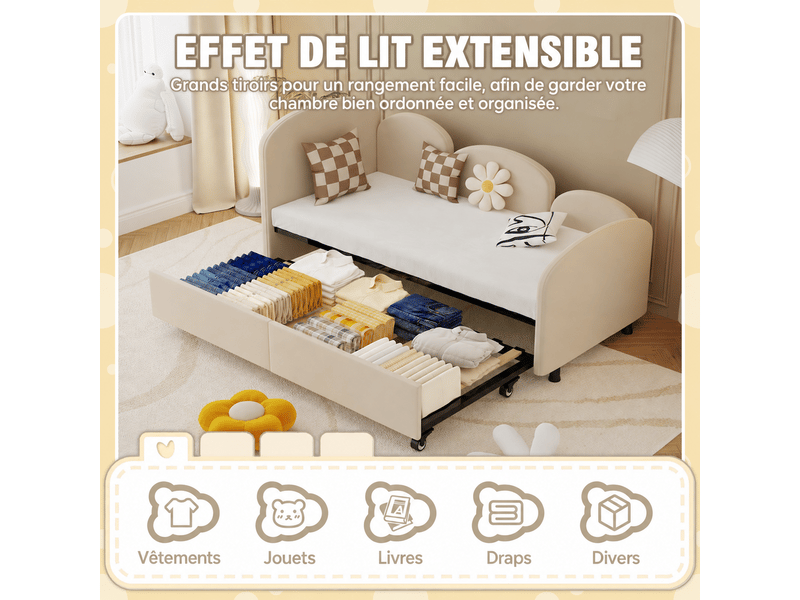 Lit gigogne enfant softsea 90x200 cm en velours beige, 210x99x82,5 cm, style fleur, banquette chambre - Conforama E