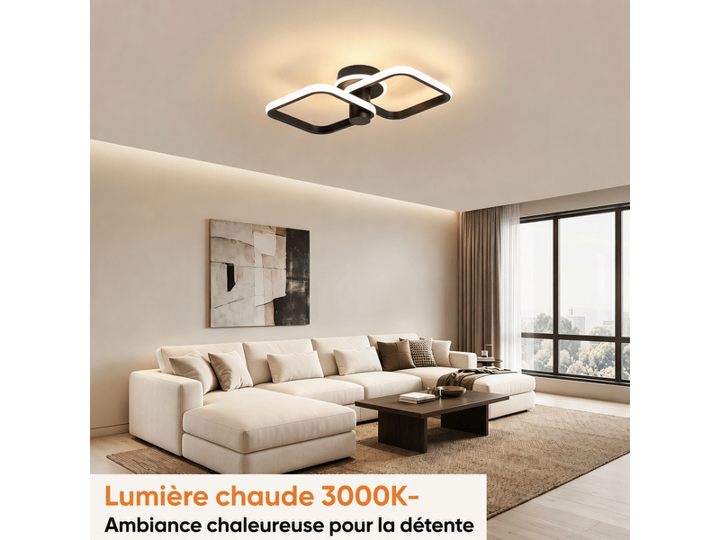  Plafonnier led double cadre orientable 350°, l46 x w27 x h12,5 cm, lampe de plafond 34 w 1895 lm, noir sable, 3000 k, salon, chambre, bureau  - Conforama D