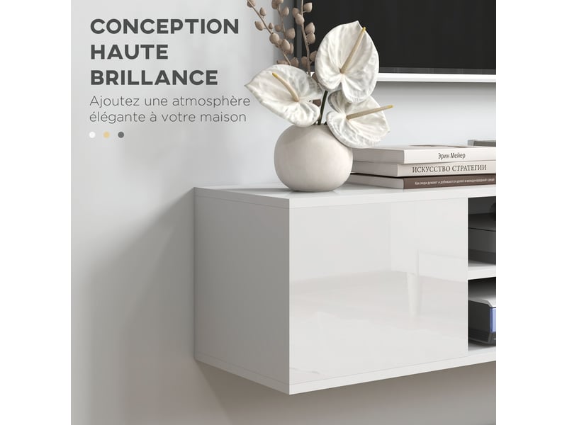 Meuble banc tv mural suspendu style contemporain 2 placards 2 niches centrales et 2 passe-câbles blanc 140 x 30 x 30 cm - Conforama R