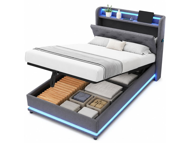  Lit simple enfant 200×90 cm avec rangement hydraulique, éclairage led et ports usb, en tissu gris  - Conforama A