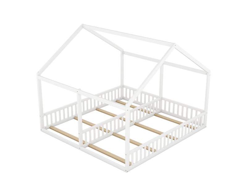 Lit cabane double 90x200, lit 2 en 1 pour enfants avec toit et barrières, cadre en bois massif blanc, aménagement de chambre partagée. - Conforama A