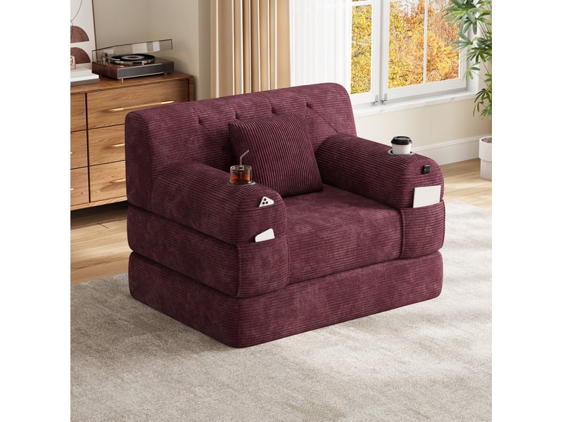 Canapé convertible compressé 1 place en velours côtelé rouge bordeaux avec porte-gobelets - Conforama D