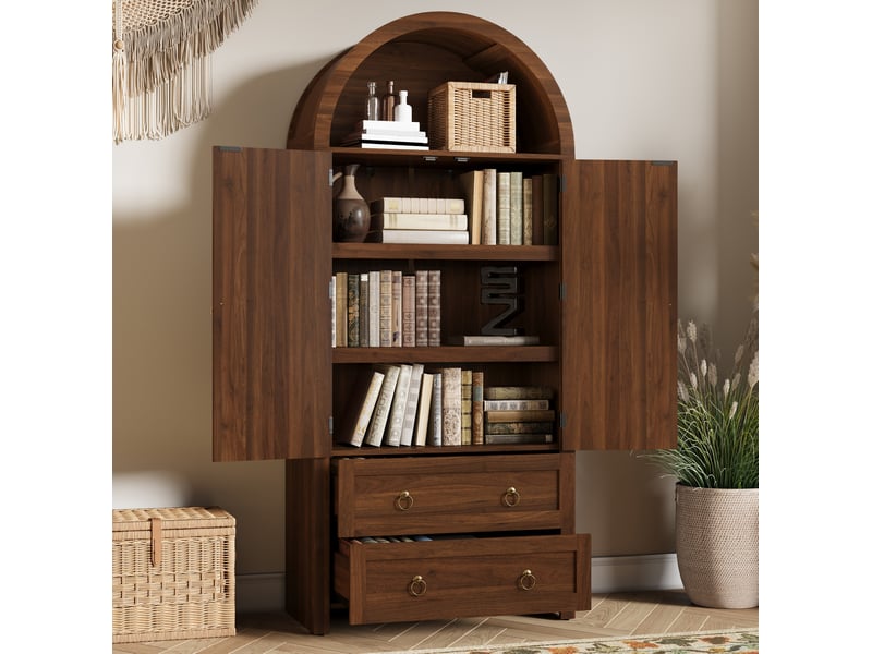  Buffet haut 80x40x180 cm avec 2 portes en cannage et doubles tiroirs en mdf couleur marron  - Conforama E