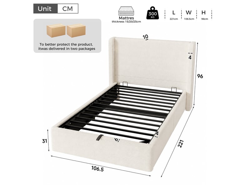  Lit simple 90x200 cm en bouclé beige, tête de lit enveloppante avec ailes rembourrées, lumière de nuit et ports usb et usb-c, sommier inclus  - Conforama D