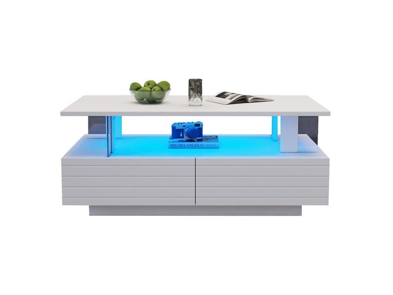  Table basse led blanche 100 x 50 cm avec 2 tiroirs, en panneaux de particules  - Conforama A