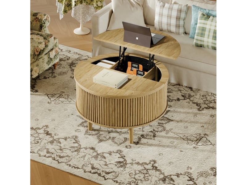  Table basse ronde ulevr à plateau relevable avec rangement, 80 x 80 x 51,5 cm, panneau de particules naturel  - Conforama D