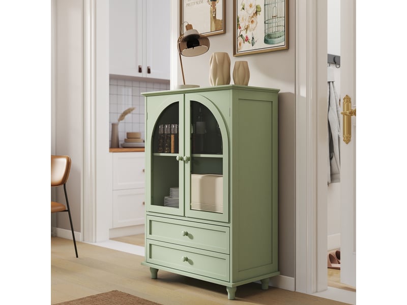  Buffet de cuisine - 71x38x106,5 cm - meuble de rangement style avec portes vitrées cintrées et 2 tiroirs - vert  - Conforama D