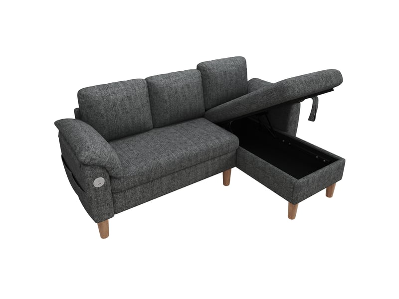 Canapé d'angle 3 places réversible en tissu chenille gris foncé, méridienne avec coffre de rangement, ports usb pour salon moderne - Conforama A