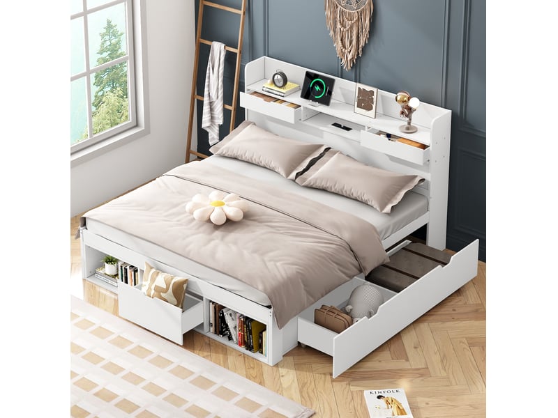 Lit enfant et adolescent 160 x 200 cm blanc avec rangements et ports usbtype-c - Conforama D