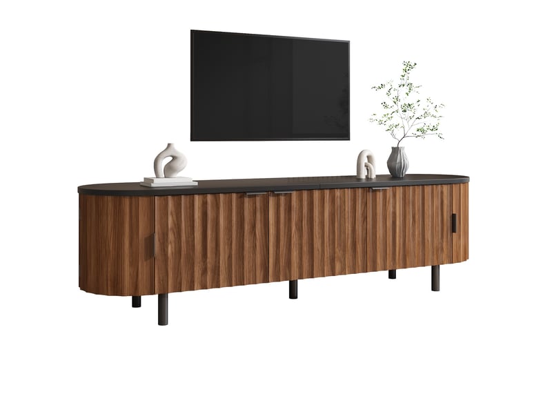  Meuble tv 170x40x47 cm noyer en mdf, 5 portes striées, côtés arrondis, piètement en métal pour salon  - Conforama D