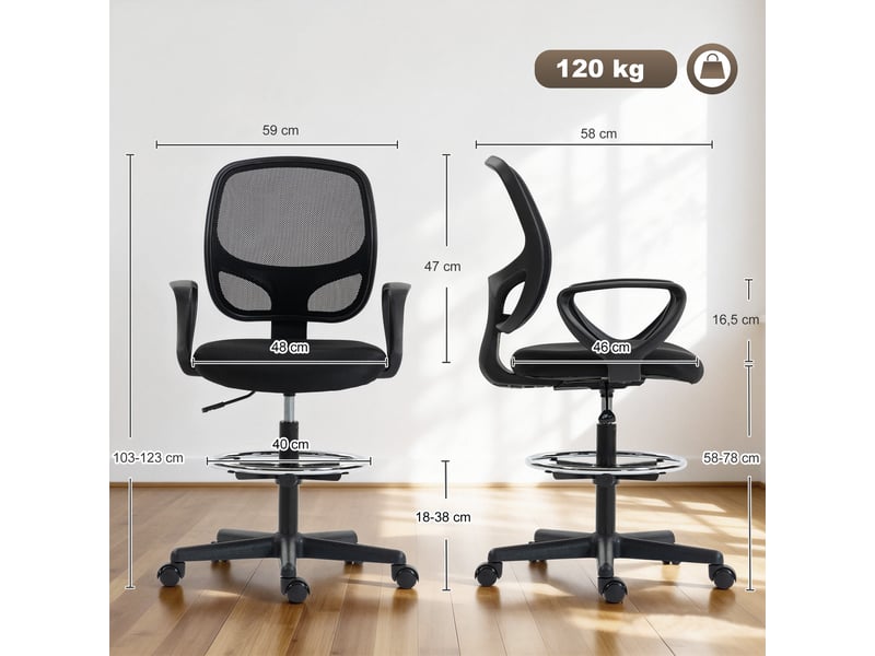  Fauteuil de bureau ergonomique, chaise bureau, maille (100 % polyester), 59x58x123cm, noir  - Conforama E