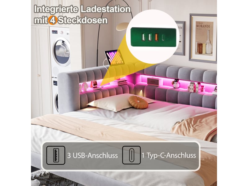 Lit banquette extensible 90180 x 190 cm,tiroirs, led, prises usb et type-c, velours gris clair ABC - Conforama D