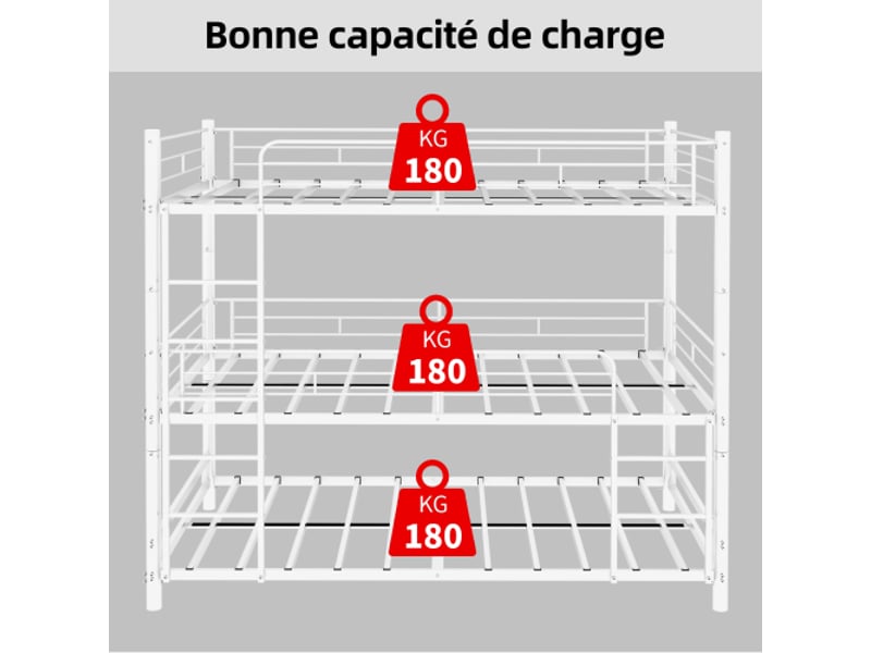  Lit superposé triple 90 × 190 cm, 3 niveaux, échelles intégrées, barrières et sommiers à lattes métalliques, blanc  - Conforama C