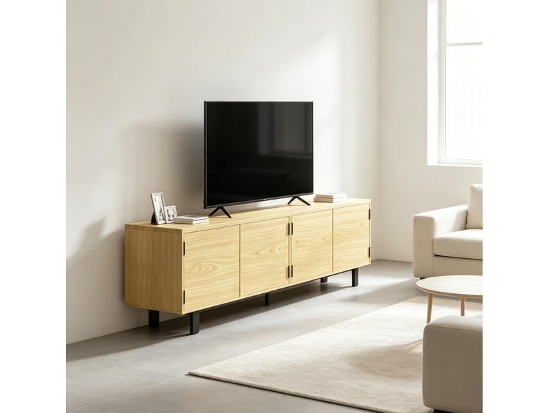  Meuble tv 180 x 35 x 55,5 cm, effet bois naturel, 4 portes à ouverture par pression  - Conforama D