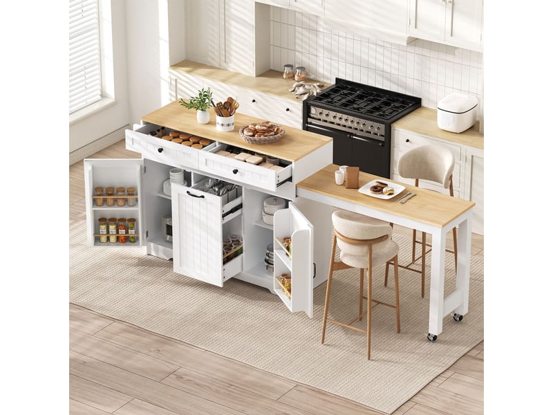  Desserte de cuisine 188 x 40 x 91 cm rangement intégré chariot de cuisine plan de travail intégré roulettes intégrées tiroirs de rangement tablette latérale extensible structure indépendante finition blanche  - Conforama B