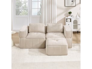 Canapé d’angle modulable 2 places avec pouf, assise profonde, mousse haute densité 32d, tissu polyester, sans montage, beige