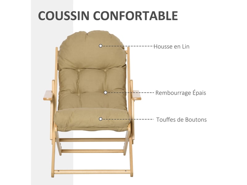  Fauteuil chaise de salon pliable et inclinable en bois fauteuil relax confortable avec coussin capitonné épais - marron clair 71 x 89 x 96 cm  - Conforama E