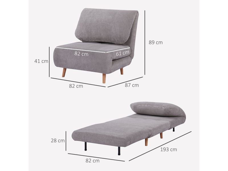 Fauteuil convertible 1 place en velours côtelé gris 82 x 87 x 89 cm - Conforama C