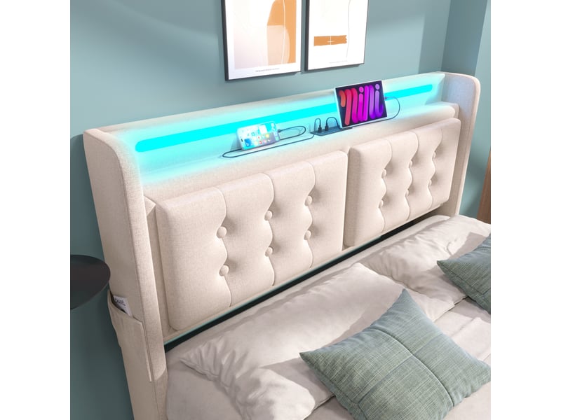  Lit coffre 140 × 200 cm 2 places avec led, usb, type c et 2 prises, matelas inclus, coton lin beige  - Conforama E