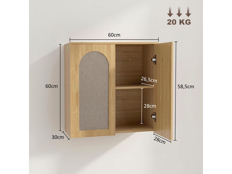 Armoire murale de salle de bain bohème avec 2 portes effet rotin à douce fermeture et étagère réglable, chêne - Conforama C