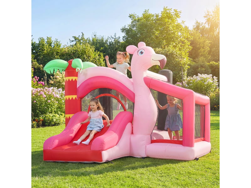  Château gonflable pour enfants avec souffleur, toboggan, trampoline, piscine à balles et panier de basket (255 x 230 x 196 cm).  - Conforama C